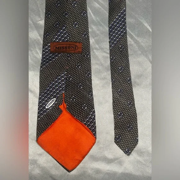 Men’s Missoni Vintage Vtg 90s Blue Black Geometric Silk Logo Necktie Tie - Picture 2 of 3